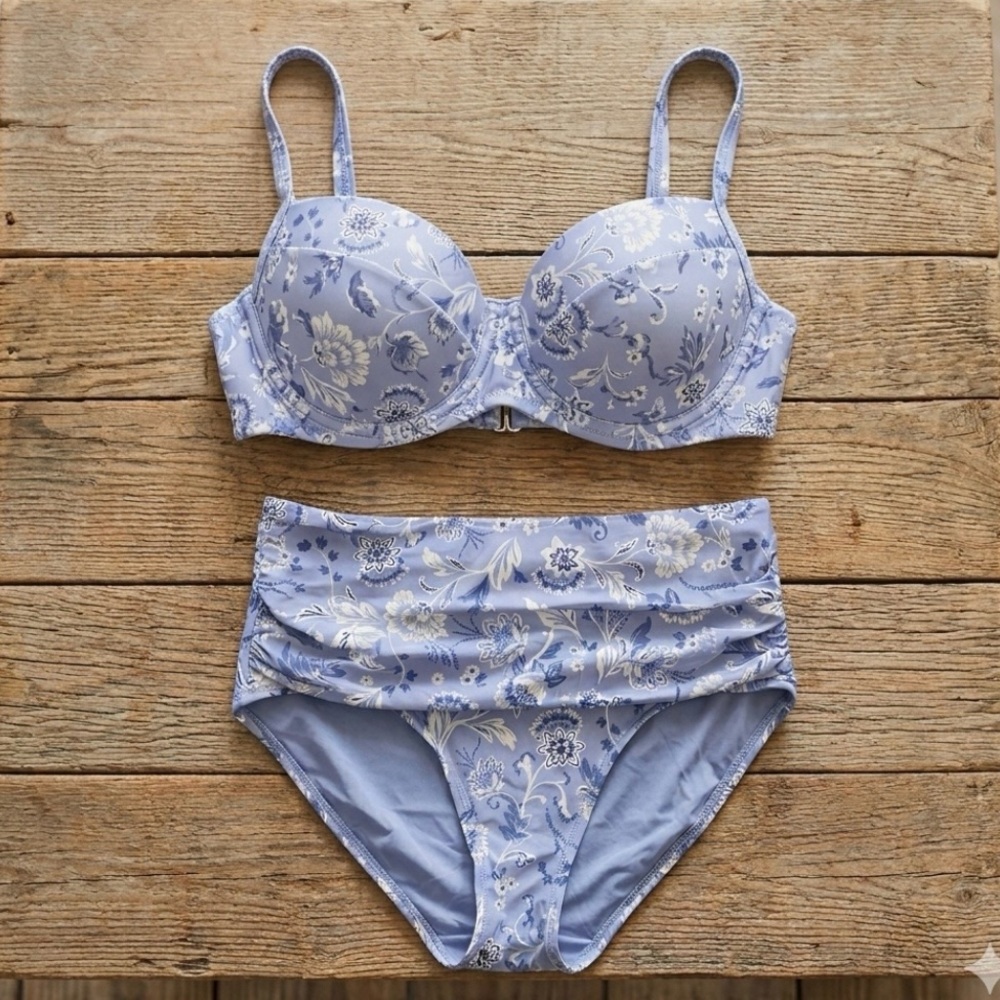 Turquoise Couture Blue Floral D Cup Bikini Set High Waisted Resort S/M